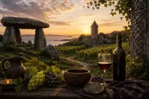 Paisagem inspirada na Bretanha ao pôr do sol, com um antigo monumento megalítico, vinhedos, uma torre medieval ao fundo e o mar no horizonte. Em primeiro plano, uma garrafa e uma taça de vinho tinto, uvas, uma jarra de cerâmica e objetos com símbolos celtas representam a tradição vinícola e o rico legado histórico da região.