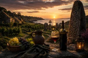 Paisagem da Bretanha ao entardecer com vinhedos, casas de pedra e o mar ao fundo. Em primeiro plano, uma garrafa e uma taça de vinho tinto, uvas, uma jarra de cerâmica e uma lanterna repousam ao lado de uma pedra gravada com símbolos celtas, enquanto um círculo de monólitos e um veleiro completam a atmosfera histórica e cultural da região.