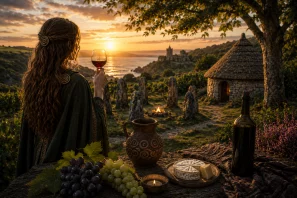 Mulher com vestes inspiradas na tradição celta observa o pôr do sol sobre a costa da Bretanha enquanto segura uma taça de vinho tinto. Em primeiro plano, uvas, queijos artesanais, uma jarra de cerâmica e uma garrafa de vinho compõem uma mesa rústica. Ao fundo, um círculo de pedras ancestrais, uma cabana de pedra, vinhedos e uma fortaleza medieval criam uma atmosfera de história e mistério.