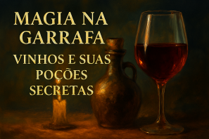 Imagem com atmosfera mística mostrando taça de vinho tinto ao lado de uma garrafa antiga e vela acesa, em iluminação suave e escura. Magia na Garrafa: Vinhos e Suas Poções Secretas