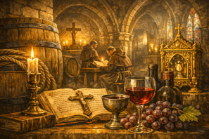 Cena histórica e mística mostrando o interior de um mosteiro europeu com monges, cálice de vinho, livro antigo e crucifixo iluminados por velas, simbolizando os vinhos sagrados e o legado espiritual dos mosteiros. Mistérios e Relíquias Vinhos em Mosteiros Europeus