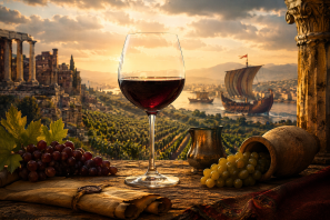 Taça de vinho tinto sobre mesa rústica com uvas, pergaminho e jarro antigo, tendo ao fundo vinhedos, ruínas clássicas e embarcações em paisagem inspirada na Antiguidade, representando a influência do vinho nas civilizações.