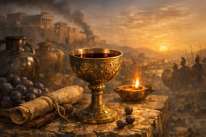 Cálice dourado antigo cheio de vinho tinto sobre uma superfície de pedra, acompanhado por pergaminhos, uvas e uma lamparina acesa, com uma cidade clássica ao fundo iluminada pelo pôr do sol. O Cálice e o Destino Vinhos que Mudaram Civilizações