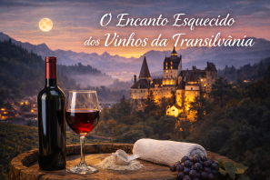 Taça de vinho tinto com garrafa, uvas e queijo diante de castelo na Transilvânia ao entardecer, representando os vinhos e a tradição da região