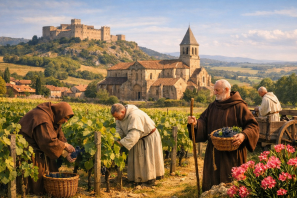A cena retrata monges trabalhando em vinhedos sob a luz dourada do sol, com um mosteiro românico e um castelo medieval ao fundo, evocando o espírito contemplativo e artesanal da Borgonha antiga.