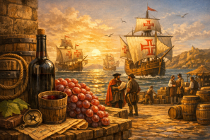Ilustração histórica retratando o papel do vinho nas Grandes Navegações Portuguesas: garrafa e taça de vinho sobre barris e uvas em primeiro plano, exploradores e marinheiros no cais ao fundo, com caravela portuguesa navegando sob o pôr do sol. O Papel do Vinho nas Grandes Navegações Portuguesas