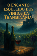Taça de vinho tinto com garrafas em vinhedos da Transilvânia ao entardecer com castelo ao fundo, representando os vinhos e o mistério da região. O Encanto Esquecido dos Vinhos da Transilvânia