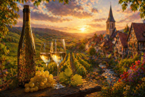 Garrafa e taças de vinho branco sobre mesa rústica com uvas, diante de vinhedo ao pôr do sol e vila europeia ao fundo, representando encanto, tradição e lendas da Alsácia