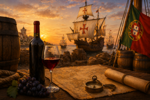 Taça de vinho tinto com garrafa, uvas e mapa náutico em porto com caravelas portuguesas ao pôr do sol, representando o papel do vinho nas grandes navegações