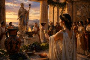 Cena de ritual na Antiguidade em templo com colunas ao pôr do sol, onde uma mulher com vestes clássicas ergue uma taça de vinho diante de um grupo; ao redor há ânfora, uvas, chama acesa e estátua, evocando cerimônias sagradas ligadas ao vinho