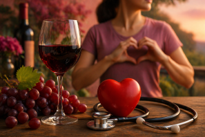 Taça de vinho tinto em cena acolhedora com iluminação suave, acompanhada de elementos que remetem à saúde e bem-estar, simbolizando a relação entre o consumo de vinho e a saúde cardíaca feminina.
