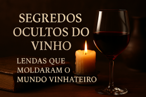 Taça de vinho tinto ao lado de vela acesa e livro antigo em ambiente escuro, com texto sobre segredos e lendas do vinho, representando mistério e tradição.