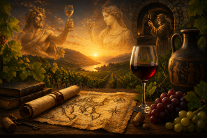 Taça de vinho tinto sobre mesa com mapa antigo, livros e uvas, com vinhedo ao pôr do sol ao fundo e figuras mitológicas e monásticas ao redor, representando lendas e segredos históricos do vinho. Segredos ocultos do vinho.