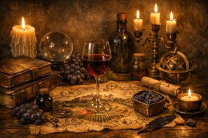  composição evoca um clima misterioso e histórico: uma taça de vinho sobre um mapa antigo, cercada por velas, livros e símbolos alquímicos — um convite visual para explorar os mitos e segredos do universo do vinho.