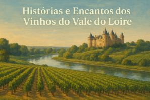  Vinhedos do Vale do Loire com castelo e rio ao fundo, representando a tradição e os encantos dos vinhos da região francesa
