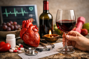Cálice de vinho tinto segurado por uma mulher ao lado de um modelo anatômico de coração, estetoscópio e eletrocardiograma, simbolizando a relação entre consumo de vinho e saúde cardíaca feminina.