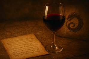 Taça de vinho tinto sobre mesa com carta manuscrita antiga e símbolo decorativo ao fundo, em iluminação suave, representando história, tradição e mistério do vinho