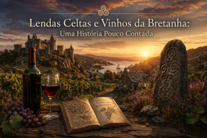 Paisagem inspirada na Bretanha ao pôr do sol, com castelo medieval, vinhedos e rio ao fundo; em primeiro plano, garrafa e taça de vinho tinto, uvas e um livro antigo sobre lendas celtas, além de um monólito com símbolo celta. 
