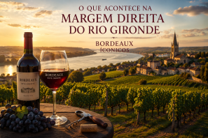 Paisagem de vinhedos na margem direita do rio Gironde ao pôr do sol, com vila de Bordeaux e igreja ao fundo; em primeiro plano, garrafa e taça de vinho tinto, uvas e saca-rolhas sobre mesa rústica. 