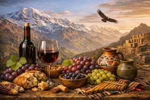 “Cena inspirada na cultura dos vinhos latino-americanos, com cálice e garrafa de vinho sobre barril rústico, rodeados por uvas, milho colorido e artefatos andinos. Ao fundo, os Andes iluminados pelo pôr do sol e um condor voando sobre ruínas incas. Do Andes ao Cálice