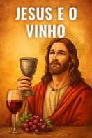 Ilustração de Jesus segurando cálice de vinho com uvas e taça de vinho tinto, representando o simbolismo do vinho na tradição cristã. Jesus e o Vinho: História, Espiritualidade e Significado