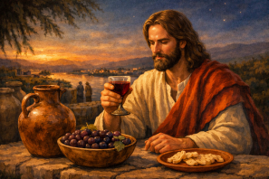 “Ilustração realista de Jesus sentado à mesa ao entardecer, segurando um cálice de vinho, com jarra, uvas e pão sobre a mesa, simbolizando espiritualidade e comunhão. Jesus e o Vinho: História, Espiritualidade e Significado
