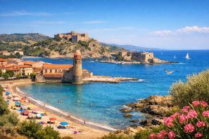 Vista de uma vila costeira mediterrânea no sul da França, com praia de areia dourada, guarda-sóis coloridos e pessoas aproveitando o mar azul. À beira da água, destaca-se uma torre de pedra com telhado vermelho e, ao fundo, um castelo medieval sobre uma colina. O cenário é emoldurado por flores cor-de-rosa e rochedos, sob um céu claro e ensolarado.