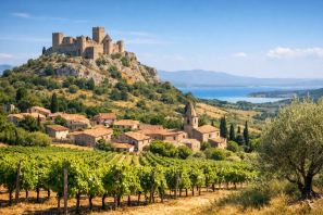 Vista panorâmica de um vilarejo histórico no sul da França, com um castelo medieval sobre uma colina rochosa, cercado por vinhedos verdes e casas de pedra com telhados de terracota. Ao fundo, um lago azul e montanhas sob um céu claro e ensolarado. 