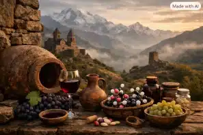 Cena nas montanhas do Cáucaso ao entardecer, com ânforas de barro, cestos de uvas e uma antiga igreja de pedra ao fundo, simbolizando o berço ancestral do vinho.
