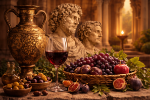 Taça de vinho tinto com uvas, ânfora e frutas diante de bustos romanos, representando a cultura e o legado do vinho no Império Romano