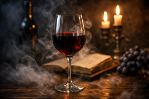 Taça de vinho tinto sobre mesa de madeira antiga, envolta em névoa suave, com garrafa desfocada, candelabro aceso e livro aberto ao fundo, criando atmosfera misteriosa e elegante