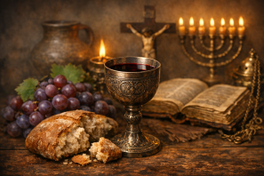 Cena simbólica com cálice de vinho, pão partido e cachos de uvas sobre mesa rústica, iluminada por luz quente. Ao fundo, crucifixo, livro antigo aberto e menorá acesa, representando o simbolismo espiritual do vinho nas tradições sagradas. Simbolismo do Vinho nas Tradições Sagradas