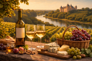 Mesa com vinho branco, queijos e uvas diante de vinhedos do Vale do Loire com rio e castelo, destacando a cultura e produção da região vinícola