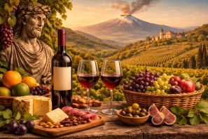 Vinhedos da Sicília com taça de vinho tinto, alimentos típicos e monte Etna ao fundo, representando a tradição e origem dos vinhos sicilianos”. Os Vinhos da Sicília: Entre Deuses, Vulcões e Tradição