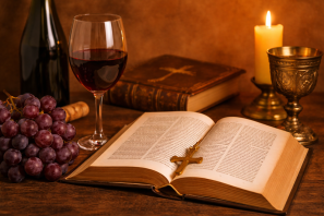 Taça de vinho tinto com uvas ao lado de livro sagrado aberto, cruz e vela, representando a relação simbólica entre vinho e espiritualidade