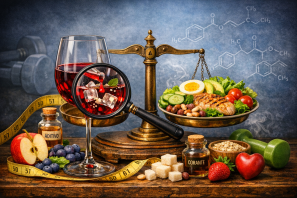 Ela mostra uma balança com uma taça de vinho de um lado e alimentos saudáveis do outro, cercada por uma fita métrica e elementos científicos ao fundo — transmitindo o equilíbrio entre prazer e saúde que o tema propõe. Vinho Emagrece? A Verdade por Trás do Mito e o Que Diz a Ciência.