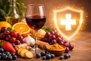Taça de vinho tinto cercada por frutas, alho e especiarias com símbolo de proteção, representando a relação entre vinho e imunidade humana. A Capacidade que o Vinho Tem de Proteger a Imunidade Humana