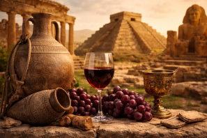 Taça de vinho tinto com uvas e ânforas antigas diante de ruínas de civilizações antigas, representando o vinho nas civilizações desaparecidas