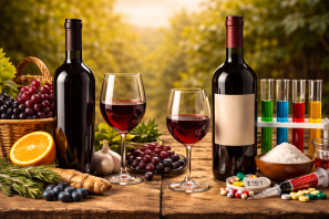 Comparação entre vinho natural e vinho manipulado com taças de vinho tinto, frutas naturais de um lado e substâncias artificiais do outro, representando diferenças na produção. Vinho Saudável x Vinho Manipulado