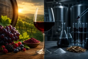 Taça de vinho tinto entre uma paisagem de vinhedo e um ambiente de vinificação industrial, representando o contraste entre vinho elaborado a partir das uvas e possíveis processos de manipulação.