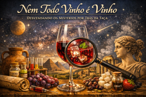 Ela revela uma composição intrigante — uma taça de vinho sob uma lupa, mostrando segredos ocultos como corantes, aditivos e aromas artificiais, cercada por elementos de laboratório e ingredientes suspeitos. 