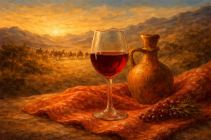 Pintura em estilo clássico com taça de vinho tinto e jarra de barro sobre tecido, com paisagem ao fundo mostrando caravana ao pôr do sol, representando antigas rotas de comércio e a história do vinho. Da Seda ao Vinho: A Rota do Comércio que Transformou a Taça