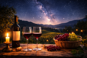 Garrafa e duas taças de vinho sobre mesa rústica com uvas e vela acesa, diante de um vinhedo sob céu estrelado com a Via Láctea, representando a conexão entre o vinho e o universo
