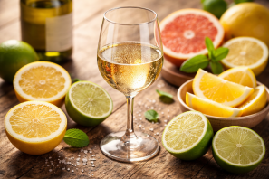 Vinho Ácido o que voçê pensa a respeito. Taça de vinho branco sobre mesa rústica cercada por frutas cítricas como limão, laranja e grapefruit, representando a acidez e frescor do vinho