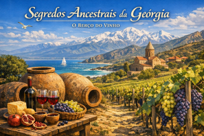 Ela retrata uma paisagem encantadora da Geórgia — com os tradicionais qvevri de barro, vinhedos verdejantes, uma igreja antiga e as montanhas do Cáucaso ao fundo — evocando a atmosfera mística e ancestral do berço do vinho. 