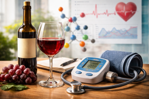 Taça e garrafa de vinho tinto ao lado de aparelho de pressão arterial e estetoscópio sobre mesa, com gráficos e elementos científicos ao fundo, representando a relação entre vinho e hipertensão. Vinho e Hipertensão Arterial: O que a Ciência Revela Sobre essa Relação