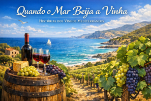 Ela traz uma cena poética de vinhas à beira-mar, com barril, taças de vinho e o horizonte mediterrâneo ao fundo. Quando o Mar Beija a Vinha.