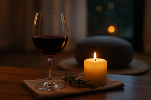 Taça de vinho tinto em ambiente sereno com velas e elementos naturais, criando atmosfera de ritual e presença consciente, representando a arte de beber com alma. Rituais de Vinho Consciente.