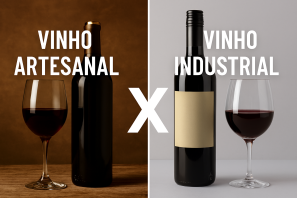 Vinho Artesanal x Vinho Industrial. Duas taças de vinho em contraste, uma em ambiente rústico com garrafa artesanal e outra em cenário moderno com produção industrial, representando a diferença entre vinho artesanal e industrial.