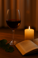 Taça de vinho tinto em ambiente acolhedor com luz suave e cenário relaxante ao entardecer, representando bem-estar emocional e a experiência sensorial do vinho. Vinho e Bem-Estar Emocional.